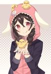  :q alternate_hairstyle animal animal_hood animal_on_head bird bird_on_head black_hair bracelet braid bunny_hood chick holding holding_animal hood hooded_jacket hoodie jacket jewelry long_hair looking_at_viewer love_live! love_live!_school_idol_project minasenagi on_head red_eyes smile solo tongue tongue_out twin_braids yazawa_nico 