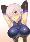  absurdres armor armpits arms_behind_head blush breasts dutch_angle elbow_gloves fate/grand_order fate_(series) gloves hair_over_one_eye highres large_breasts mash_kyrielight midriff pm_tii_(matuko1024) purple_eyes purple_hair short_hair solo sweat upper_body 