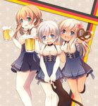  :d alcohol anchor_hair_ornament anchor_symbol anju_(mocomocousagi) beer beer_mug blonde_hair blue_eyes cat commentary_request cup dirndl fang flower flying_sweatdrops food german_clothes german_flag germany girl_sandwich hair_flower hair_ornament holding holding_cup kantai_collection long_hair low_twintails matching_outfit multiple_girls open_mouth pretzel prinz_eugen_(kantai_collection) ro-500_(kantai_collection) sandwiched short_hair short_sleeves silver_hair smile tan twintails unsinkable_sam wavy_mouth z1_leberecht_maass_(kantai_collection) 