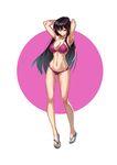  armpits arms_up bikini black_hair brown_eyes full_body highres lolik long_hair navel original purple_bikini sandals smile solo swimsuit very_long_hair 