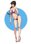  bikini black_hair blue_eyes breasts front-tie_top full_body high_heels highres large_breasts lolik long_hair navel original ponytail sandals side-tie_bikini solo swimsuit 