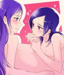  aono_miki blue_eyes blue_hair blush breasts fresh_precure! heart higashi_setsuna holding_hands long_hair looking_at_another multiple_girls negom nude pink_eyes precure purple_hair short_hair small_breasts yuri 