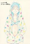 ^_^ agahari bikini bikini_under_clothes blue_hair blush breasts character_request closed_eyes grin hands_in_pockets hood hoodie long_hair multicolored multicolored_polka_dots navel open_clothes open_hoodie polka_dot polka_dot_hoodie small_breasts smile solo striped_bikini_top swimsuit swimsuit_under_clothes traditional_media translation_request twintails 