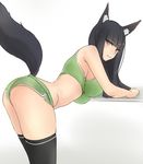  animal_ear_fluff animal_ears ass bangs bent_over black_hair black_legwear bluefield blunt_bangs breasts brown_eyes fox_ears fox_tail highres large_breasts long_hair looking_at_viewer looking_back original short_shorts shorts smile solo tail taut_clothes thighhighs tsurime 