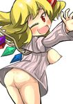  blonde_hair blush bottomless breasts breasts_outside fang flandre_scarlet gaoo_(frpjx283) highres looking_back meme_attire nipples no_panties one_eye_closed open-chest_sweater open_mouth outstretched_hand red_eyes ribbed_sweater solo sweater touhou wings 