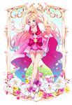  bare_legs blonde_hair blue_hair bow cure_flora earrings flower flower_earrings full_body gloves go!_princess_precure gradient_hair green_eyes haruno_haruka highres jewelry legs long_hair multicolored_hair pink_bow pink_flower pink_hair pink_rose pink_skirt precure puffy_sleeves retsuna rose shoes skirt smile solo standing streaked_hair two-tone_hair white_footwear white_gloves 