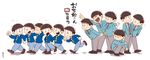  age_comparison amazou arms_behind_head black_hair brothers child closed_eyes copyright_name dual_persona formal hands_on_hips heart heart_in_mouth jacket jitome male_focus matching_outfit matsuno_choromatsu matsuno_ichimatsu matsuno_juushimatsu matsuno_karamatsu matsuno_osomatsu matsuno_todomatsu multiple_boys oldschool open_clothes open_jacket osomatsu-kun osomatsu-san sextuplet_(osomatsu-kun) sextuplets siblings simple_background squatting time_paradox walking white_background wing_collar younger 