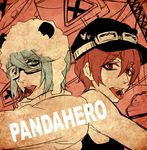 animal_hat aqua_hair arsmagna bad_id bad_pixiv_id cabbie_hat copyright_name goggles goggles_on_headwear hat izumi_sou kano_akira_(arsmagna) male_focus multiple_boys ooyama_(hnk1018) panda_hero_(vocaloid) red_eyes red_hair tongue tongue_out upper_body 