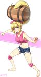  bare_shoulders barefoot barrel blonde_hair breasts cleavage cosplay denim denim_shorts dixie_kong dixie_kong_(cosplay) donkey_kong_country donkey_kong_country_2 earrings gundam gundam_tekketsu_no_orphans highres jewelry kanden_suki kudelia_aina_bernstein long_hair looking_at_viewer medium_breasts midriff navel parody ponytail purple_eyes shorts solo 