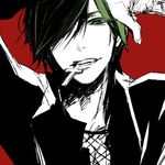  arsmagna bad_id bad_pixiv_id bak_witt cross cross_necklace green_hair hair_over_one_eye jewelry lowres male_focus mouth_hold necklace ooyama_(hnk1018) red_background simple_background smirk solo 