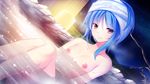  asymmetrical_hair blue_hair dutch_angle flat_chest game_cg hoshi_ori_yume_mirai light_smile looking_at_viewer mutou_kurihito night nipples nude onsen ousaka_sora partially_submerged pink_eyes sitting sky sparkle star_(sky) starry_sky towel towel_on_head water 