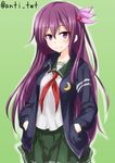  anti_(untea9) blue_jacket commentary cowboy_shot green_background green_skirt hair_ornament hands_in_pockets highres jacket kantai_collection kisaragi_(kantai_collection) long_hair long_sleeves looking_at_viewer moon_(ornament) necktie open_clothes open_jacket purple_eyes purple_hair remodel_(kantai_collection) school_uniform serafuku shirt simple_background skirt smile solo twitter_username white_shirt 
