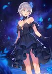  anastasia_(idolmaster) bare_shoulders black_dress blue_background blue_eyes blue_flower blue_rose blur bug butterfly crescent detached_collar dress earrings flower hair_ornament idolmaster idolmaster_cinderella_girls insect jewelry legs_apart lipstick makeup night night_sky off_shoulder pendant project_krone rainmaker rose short_hair silver_hair single_earring sky smile solo standing star_(sky) starry_sky wading water 