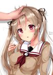  brown_eyes brown_hair cardigan flying_sweatdrops hand_on_another's_head kantai_collection long_hair mokufuu murasame_(kantai_collection) out_of_frame petting pov pov_hands school_uniform serafuku solo_focus twintails 