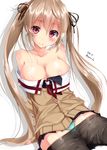  bare_shoulders breasts brown_eyes brown_hair cardigan cleavage kantai_collection large_breasts long_hair mokufuu murasame_(kantai_collection) off_shoulder panties panties_under_pantyhose pantyhose pantyhose_pull school_uniform serafuku shirt_pull solo twintails underwear 