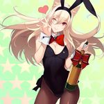  \n/ animal_ears bad_id bad_twitter_id blonde_hair bottle bow bowtie breasts brown_legwear bunny_ears bunnysuit cleavage contrapposto covered_navel cowboy_shot detached_collar fake_animal_ears falkyrie_no_monshou fingernails hair_between_eyes hairband heart highres kagetomo_midori leotard long_fingernails long_hair medium_breasts one_eye_closed pantyhose red_eyes side-tie_leotard smile solo standing wine_bottle wrist_cuffs 