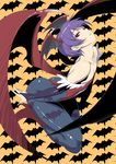  animal_print ass bat_background bat_print bridal_gauntlets collarbone face flat_chest head_wings inu_(aerodog) large_wings leotard lilith_aensland looking_at_viewer orange_background pale_skin pantyhose parted_lips patterned_background print_legwear purple_hair red_eyes red_leotard short_hair solo vampire_(game) wings 