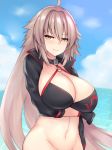  absurdres ahoge arm_at_side arm_under_breasts bangs beach bikini black_bikini black_choker black_gloves black_jacket blue_sky blush bottomless breast_hold breasts choker cleavage closed_mouth cloud cloudy_sky collarbone commentary cropped_jacket day eyebrows_visible_through_hair fate/grand_order fate_(series) gloves groin hair_between_eyes highres hips jacket jeanne_d&#039;arc jeanne_d&#039;arc_(alter)_(fate) jeanne_d'arc_(alter_swimsuit_berserker) jeanne_d'arc_(fate)_(all) kuavera large_breasts long_hair long_sleeves looking_at_viewer midriff navel o-ring ocean outdoors shrug_(clothing) sidelocks silver_hair sky smile solo stomach sweat swimsuit very_long_hair waist yellow_eyes 