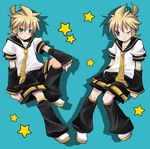  bad_id bad_pixiv_id blonde_hair blue_eyes clone full_body headphones kagamine_len male_focus multiple_boys necktie one_eye_closed star vocaloid yellow_neckwear yomorin 