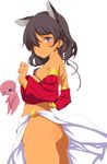  absurdres animal_ears ass back bad_id bad_pixiv_id bangs bare_shoulders bikini_top black_hair blue_eyes blush dark_skin detached_sleeves dungeons_&amp;_princess flat_chest from_side hair_over_one_eye hairband highres holding kanna_kanaki looking_at_viewer looking_back no_panties open_mouth ribbon short_hair side_slit simple_background skirt solo stuffed_animal stuffed_toy white_background 