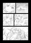  akatsuki_(kantai_collection) backpack bag comic folded_ponytail girl_sandwich greyscale hair_ornament hairclip hibiki_(kantai_collection) ikazuchi_(kantai_collection) inazuma_(kantai_collection) kantai_collection long_hair monochrome multiple_girls night raft sandwiched shimazaki_mujirushi short_hair silent_comic sleeping younger 