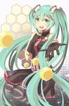  :d absurdres bad_id bad_pixiv_id black_gloves gloves green_eyes green_hair hair_ornament hand_on_own_chest hatsune_miku highres levi9452 long_hair looking_at_viewer open_mouth pantyhose reaching smile solo striped striped_legwear twintails very_long_hair vocaloid 
