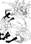  1girl animal_ears bunny_ears comic greyscale jumping monochrome reisen_udongein_inaba skirt solo table taking_cover touhou 