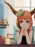  alternate_costume artist_name atg_(wttoo0202) bad_id bad_pixiv_id camisole chair chin_rest cup curtains elbow_rest flower gloves hair_flower hair_ornament half_gloves head_rest horn_ribbon horns ibuki_suika indoors long_hair looking_at_viewer mug orange_hair parted_lips picture_frame pointy_ears pov_across_table red_eyes ribbon rose shelf single_glove smile solo strap_slip stuffed_animal stuffed_panda stuffed_toy table touhou white_flower white_rose window 