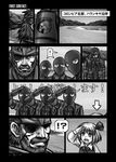  1girl 4boys :d armor bad_id bad_pixiv_id beard collared_shirt comic crossover directional_arrow emoticon eyepatch face_mask facial_hair fang five-seven greyscale hair_ribbon headband mask metal_gear_(series) military military_uniform monochrome multiple_boys mustache naked_snake necktie open_mouth ribbon rumia salute shirt size_difference smile soldier touhou translated uniform 