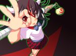  :p bad_id bad_pixiv_id baseball_bat black_hair blush bow dress gradient gradient_background highres horns kijin_seija looking_back multicolored_hair oimo_(imoyoukan) pointing red_eyes red_hair sandals short_hair short_sleeves solo streaked_hair tongue tongue_out touhou weapon white_hair 