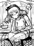  akatuki_(yamina) blush bored breasts cleavage collarbone fence greyscale large_breasts looking_at_viewer monochrome nipples pool poolside sitting sketch solo touhou water yasaka_kanako 