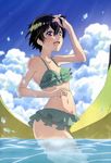  :d absurdres banana_boat bikini black_hair blush bokura_wa_minna_kawaisou brown_eyes cloud day frilled_bikini frills hand_on_own_head highres kawai_ritsu navel non-web_source nyantype official_art open_mouth polka_dot polka_dot_bikini polka_dot_swimsuit short_hair sky smile solo swimsuit water 