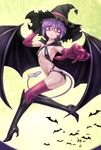  akahige ass bat boots brown_eyes commentary demon_tail demon_wings elbow_gloves foreshortening full_moon glasses gloves hat knee_boots moon nagato_yuki o-ring pointing purple_hair short_hair slingshot_swimsuit solo suzumiya_haruhi_no_yuuutsu swimsuit tail thighhighs wings witch_hat 