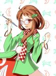  ahoge bracelet brown_hair checkered checkered_scarf clenched_hand coat eyelashes fingernails futatsuiwa_mamizou futatsuiwa_mamizou_(human) glasses grin hair_ornament haori japanese_clothes jewelry kiseru leaf_hair_ornament one_eye_closed orange_eyes patterned_background pipe pom_pom_(clothes) scarf sharp_fingernails short_hair sidelocks skirt smile solo touhou white_background wrist_flexed yuran_(kuen-hien) 