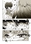  1girl akira-riku athena_(saint_seiya) blood comic kido_saori long_hair monochrome pegasus_seiya saint_seiya short_hair staff 