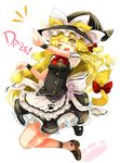  :d animal_ears apron blonde_hair blush bow braid cat_ears cat_tail dress full_body hat kanipanda kemonomimi_mode kirisame_marisa loafers long_hair one_eye_closed open_mouth paw_print pose shoes side_braid simple_background skirt smile socks solo tail touhou waist_apron witch_hat yellow_eyes ze_(phrase) 