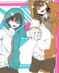  1girl amamiya_hibiya bad_id bad_pixiv_id daze_(kagerou_project) highres holding_hands hood hoodie kagerou_project kisaragi_momo long_hair matsushia_(kaorin990803) red_eyes short_hair spot_color 