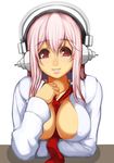  between_breasts blush breasts cleavage deni_m headphones large_breasts long_hair looking_at_viewer necktie nitroplus open_clothes open_mouth pink_hair red_eyes smile solo super_sonico 