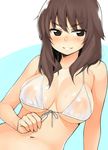  bikini blush breasts brown_eyes brown_hair covered_nipples front-tie_top grin highres large_breasts long_hair moru_(monaka) navel nipples original see-through simple_background smile solo swimsuit wet wet_clothes wet_swimsuit white_bikini 