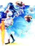  blue_hair blue_sky closed_eyes hat hat_removed headwear_removed highres hinanawi_tenshi keystone kotonoman long_hair sky solo sword_of_hisou touhou 