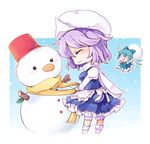  ^_^ blue_hair bow bucket carrying chibi cirno closed_eyes flying hair_bow hair_ornament hair_ribbon hat holding ice ice_wings letty_whiterock multiple_girls open_mouth purple_hair ribbon scarf short_hair size_difference smile snow snowball snowing snowman sparkle touhou white_scarf wings yellow_scarf yukimiya_(parupunta) |_| 