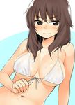 bikini blush breasts brown_eyes brown_hair front-tie_top grin highres large_breasts long_hair moru_(monaka) navel original simple_background smile solo swimsuit wet wet_clothes wet_swimsuit white_bikini 