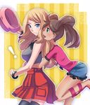  2girls bare_legs black_legwear blonde_hair blue_eyes bracelet brown_hair green_eyes hug hug_from_behind jewelry long_hair md5_mismatch multiple_girls open_mouth pleated_skirt pokemon pokemon_(game) pokemon_xy quad_tails sana_(pokemon) serena_(pokemon) shirt short_shorts shorts skirt sky-sky sleeveless sleeveless_shirt smile thighhighs yuri 