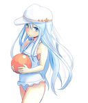  ball beachball blue_eyes casual_one-piece_swimsuit dearmybrothers flat_cap hammer_and_sickle hat hibiki_(kantai_collection) highres kantai_collection long_hair one-piece_swimsuit silver_hair solo swimsuit verniy_(kantai_collection) 