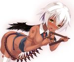  black_panties black_rock_shooter breasts licking momo_no_kanzume necktie nipples open_mouth panties short_hair small_breasts solo strength_(black_rock_shooter) tail tattoo thighhighs tongue tongue_out triangle underwear underwear_only white_hair white_legwear wings yellow_eyes 