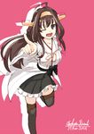  ;d bad_id bad_pixiv_id bare_shoulders black_legwear boots brown_hair detached_sleeves double_bun grey_eyes hair_ornament hairband headgear japanese_clothes kantai_collection kirisaki_akihito kongou_(kantai_collection) long_hair nontraditional_miko one_eye_closed open_mouth pink_background skirt smile solo thigh_boots thighhighs tongue zettai_ryouiki 