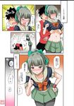  1girl bangs black_hair blunt_bangs blush bow bowtie brown_eyes check_translation clock comic green_hair green_skirt hair_bow hand_on_hip hug hug_from_behind index_finger_raised kantai_collection kneeling long_hair midriff older orz pantyhose pleated_skirt ponytail school_uniform serafuku short_hair skirt translation_request yano_toshinori yuubari_(kantai_collection) 