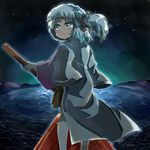  androgynous blue_eyes blush boat bow fujiwara_no_iyozane grey_eyes grey_hair hairband highres jacket_on_shoulders japanese_clothes kijipoko len'en looking_back night night_sky river rowboat short_hair side_ponytail sky solo star_(sky) starry_sky water watercraft 