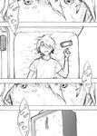  alarm_clock amamiya_hibiya bad_id bad_pixiv_id bed bed_sheet bedroom clock close-up comic from_above greyscale hair_between_eyes hair_over_one_eye handheld_game_console heavy_breathing indoors kagerou_days_(vocaloid) kagerou_project looking_at_viewer male_focus monochrome on_bed one_eye_covered osa_(osakana1217) playstation_portable shirt short_sleeves sideways_glance speech_bubble sweat sweatband t-shirt turn_pale waking_up wide_sleeves 