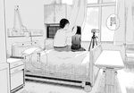  1girl bed check_translation comic curtains greyscale hospital hospital_bed mizu_asato monochrome original translated translation_request video_camera window 